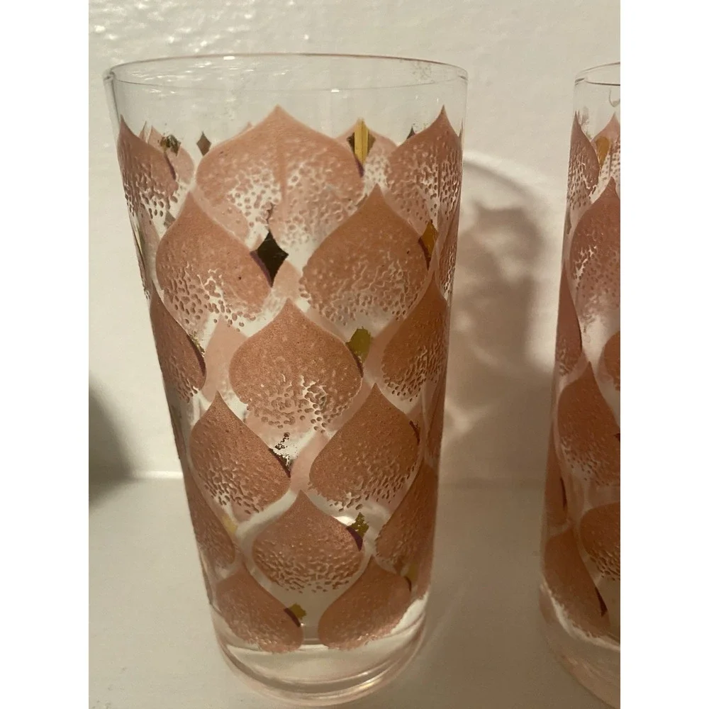 Vintage MCM Fred Press Glass Tumbler Set Of Four Pink And Gold High Ball Glasses